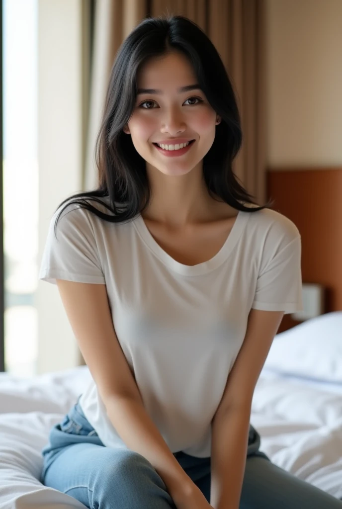 a single beautiful female veterinary technician, black hair, smiling with perfect straight white teeth