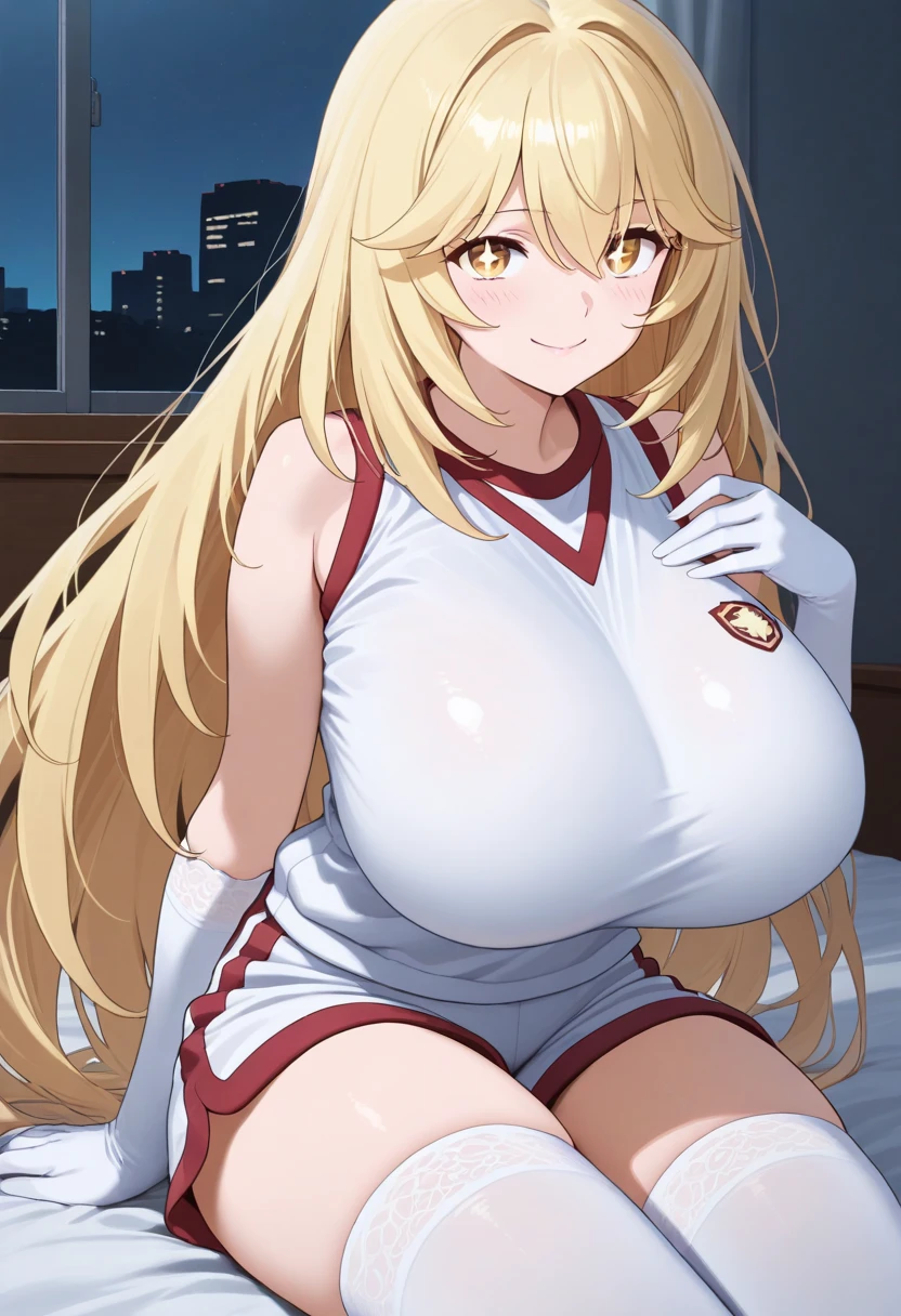 (( close、16K、Highest quality、Attention to detail、Rich skin detail, Browsing Caution、Chubby))、 (Beautiful Eyes), ((Huge 、Armpits、Hands behind head、Spreading her legs、Sitting、Sweat、vapor))、 ((Blonde、white high leg pantiesbbon))、(Cheerleader、Red short dress、Red mini skirt)、(blue eyes、Three white eyes)、((Twin tails、Long Hair、Straight hair)), ((blush))、(Wide Hips、Thick thighs)、((((surprised、Embarrassing))))、((On stage))