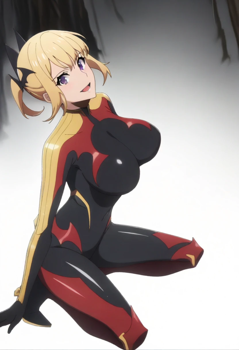 score_9, score_8_up, score_7_up, score_6_up, score_5_up, score_4_up, source_anime, anime screencap, anime coloring, kikoru, 1girl, blonde hair, twintails, green eyes, hair ribbon, black ribbon, bangs, bodysuit, armor, upper body, smile, room, bed, indoors, blush, grab breasts, holding breasts, cleavage, looking at viewer