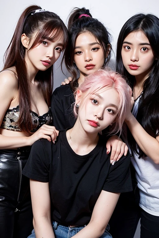 Five girls wearing JK,they sit together,Everyone has different colored hair