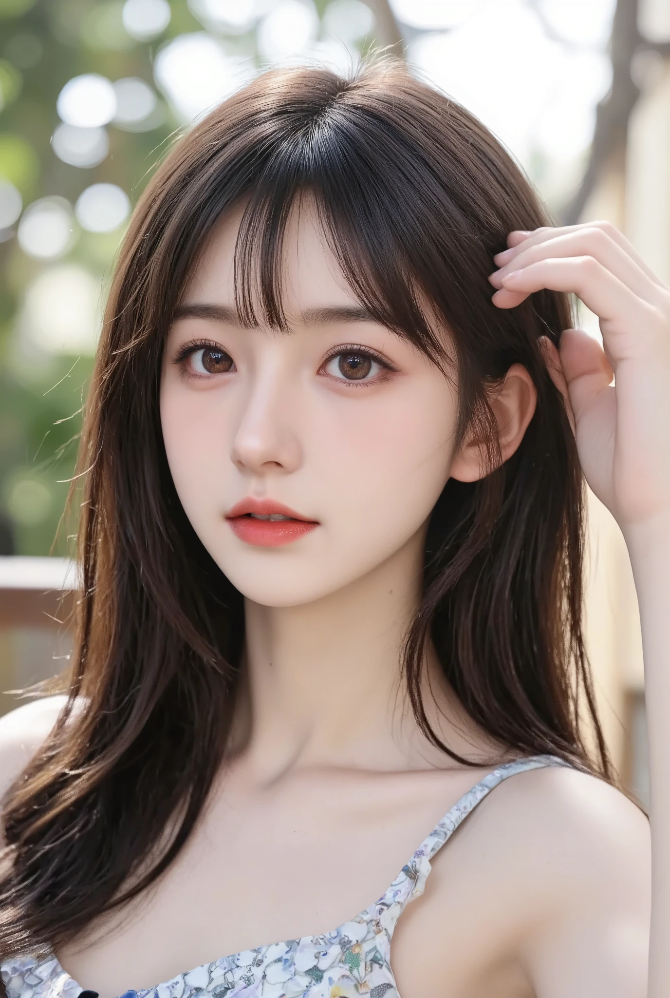 1 girl,Beautiful and moving, floral pattern, glowing skin, charming gaze, Decorative clothing, natural lighting, shallow view deep, romantic environment, dreamy pastel color palette, Whimsical details, Capture on film,(8k, original photo:1.2), best quality, ultra high resolution,CG unity 8K wallpaper,masterpiece,best quality,Super detailed
