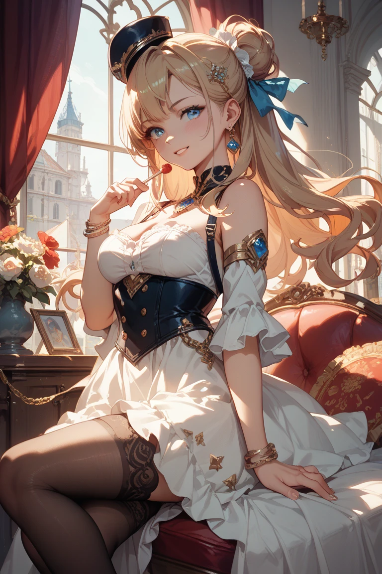 (The highest image quality, master piece:1.2), (Ultra Definition Illustration), (very beautiful littele princes, yo:1.3), (1 girl:1.2), Solo, (shoot from very below:1.3) ,(condescending look:1.3), (sleeveless gorgeous queen blue dress with roses:1.3), sitting on the throne chair, queen crown, armpits, Full body, Round ba(Glasses, Blonde Short-Cut Hair), (white thigh high pantyhose:1.2), (Evil smile, mean expression), Luxurious palace rooms, Fancy Room, rpgroyalty,
