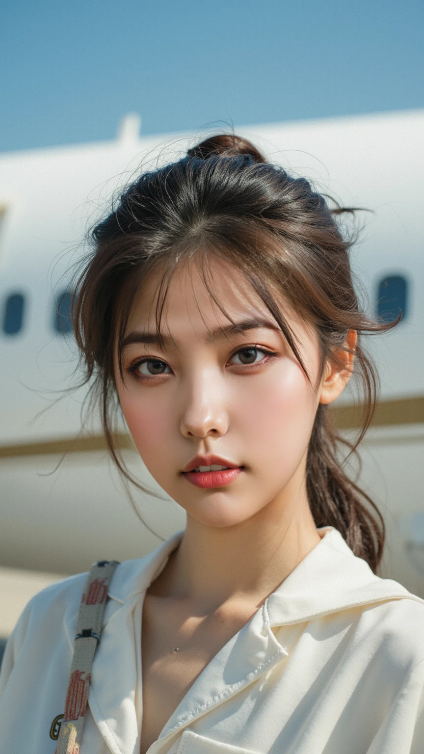 (RAW photo:1.2), (photorealistic:1.4),(masterpiece:1.3),(best quality:1.4),ultra high res,(detailed eyes),HDR,8k, (extreme detailed illustration),1girl, (fighter jet), runway, (full body), <lora:koreanDollLikeness_v10:0.5>