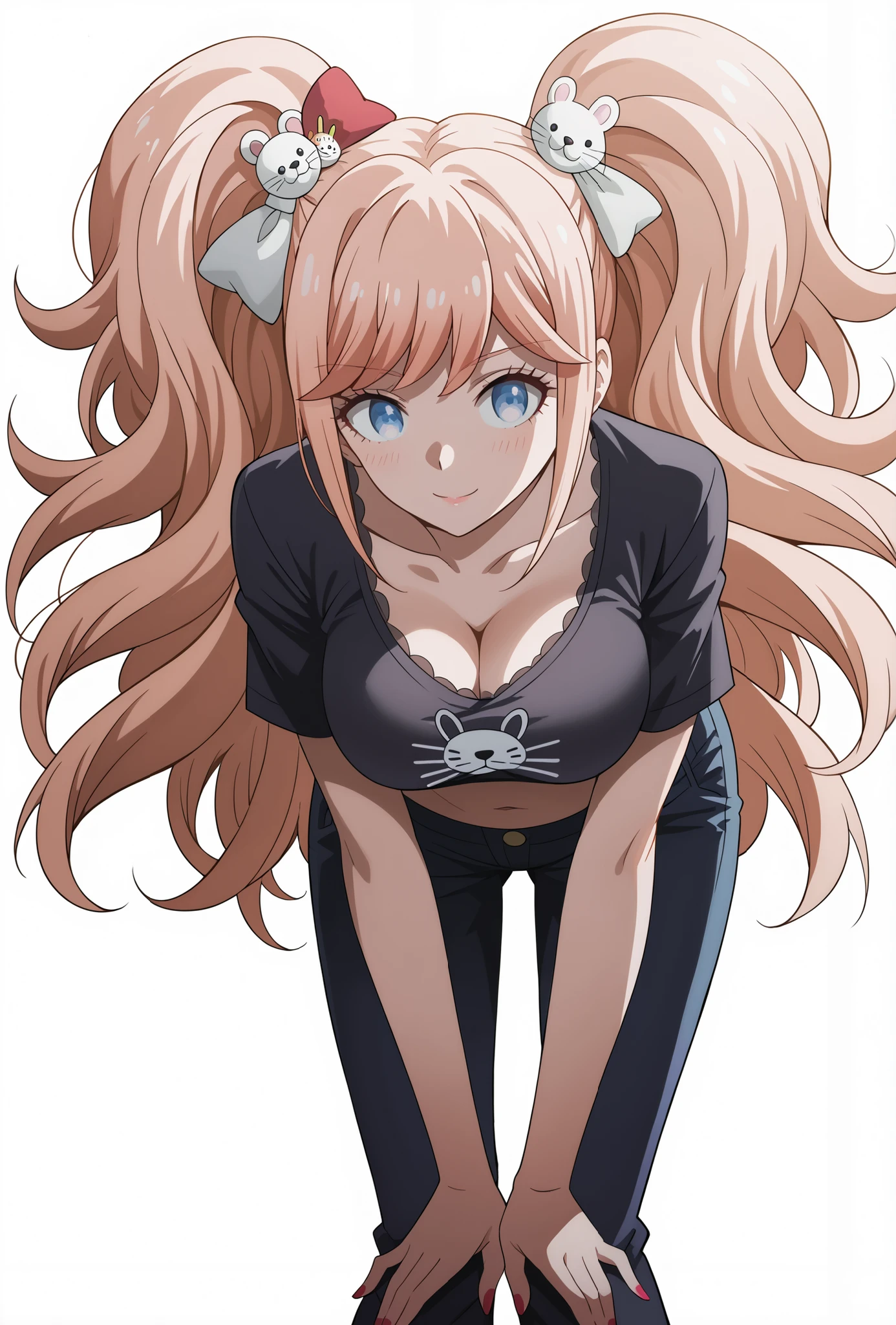 score_9, score_8_up, score_7_up, source_anime, 4K,perfect fingers,(perfect hands, perfect anatomy),prefect lighting, very aesthetic, intricate details,highly detailed background, masterpiece, high quality, best quality, 
1girl, junko enoshima, long hair, bangs, blue eyes, pink hair, hair ornament, twintails, bear hair ornament, Large Breast,
wearing ((black crop top, )),
Standing, A sagging breast,  ((White plain background:1.5)) , looking at the spectator, ((leaning forward:1.3)),