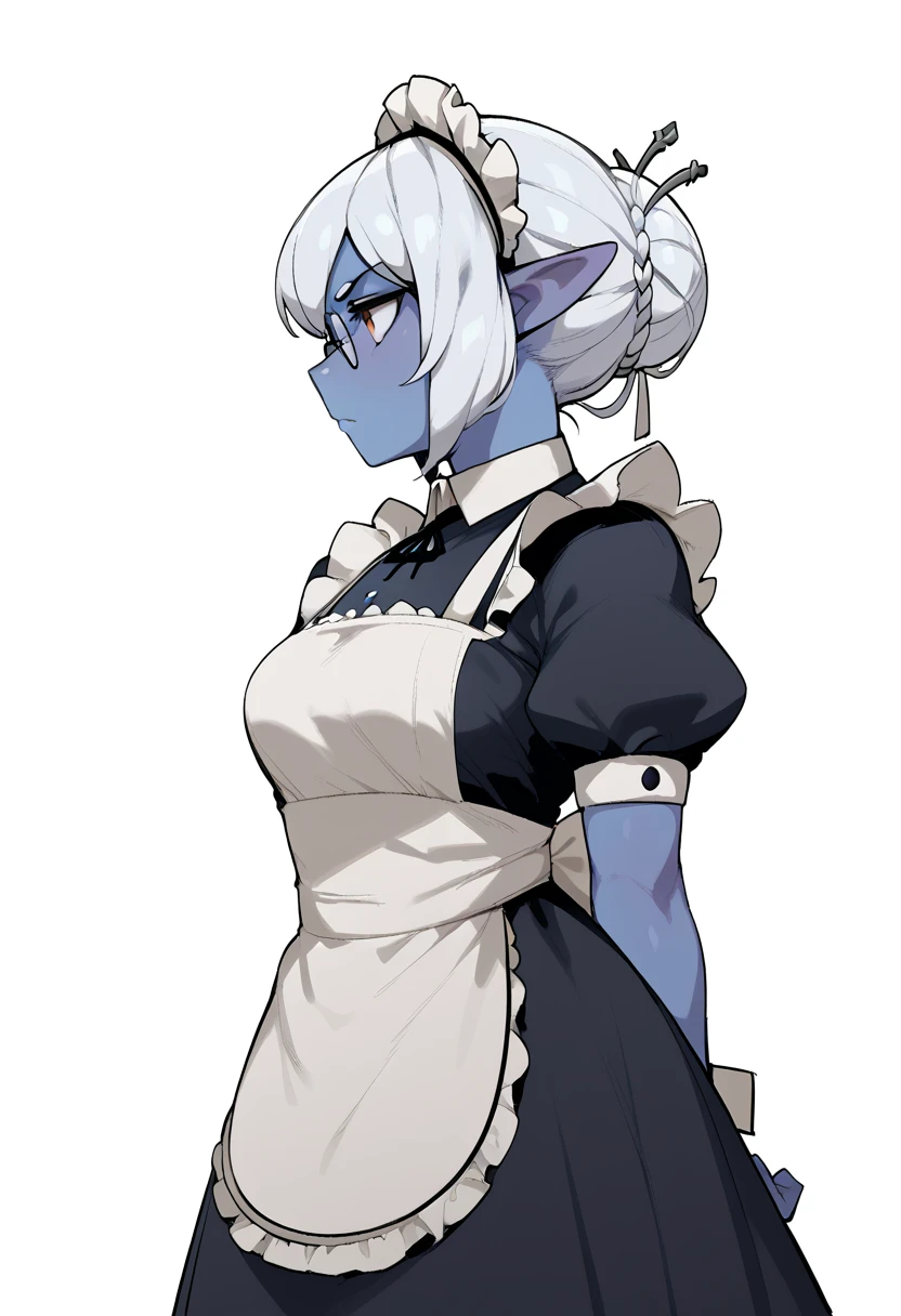 score_9,score_8_up,score_7_up,score_6_up,score_5_up,score_4_up, white background, maid, stern, long pointed ears, profile, looking left, square glasses, (((blue skin))), white hair, hair bun, black dress, apron, hands at sides, serious