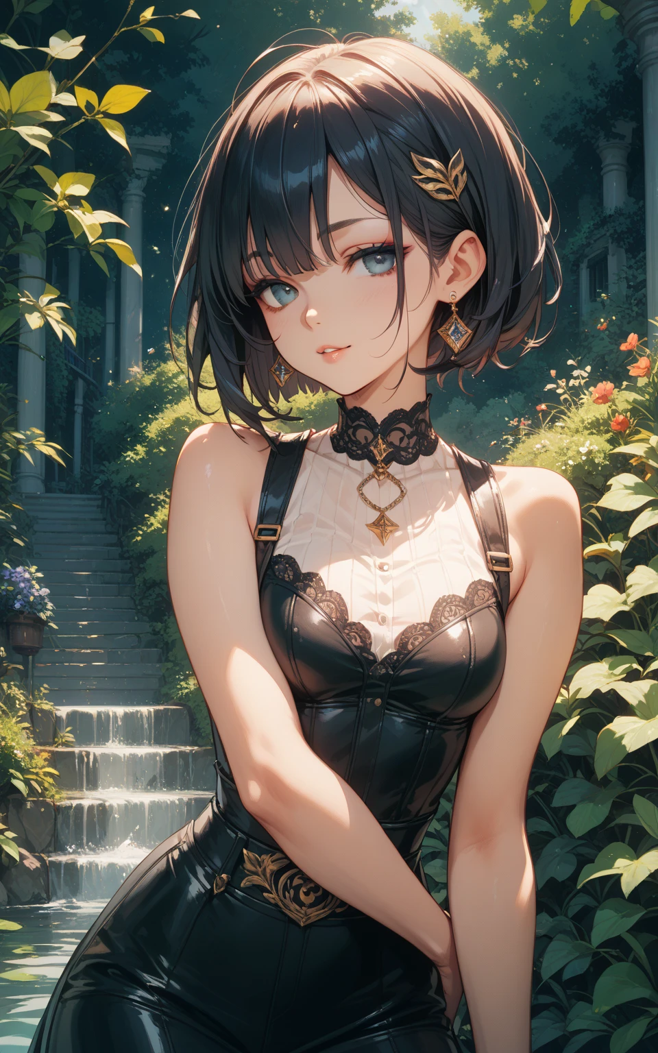 cartoon、Black and White、2 coloronochrome、Manga illustration、 Line art、Super High Resolution Super Quality、anime、Zoom in Enlarge 、smile、Fantasy、Magic Thunder、Bathing white Bikini Mage、High quality texture of black clothes, hazy and fantastic light, realistic texture, frills, lace material, luxurious adventurer clothes, sparkling jewels, silver decoration, platinum Beautiful Girl has a Nice Body, highlights in eyes, upper body, snap, blue sky, distant mountain range, rock surface and grassland, bob hair, flower shape into eyes, close-up, zoom up bottom less