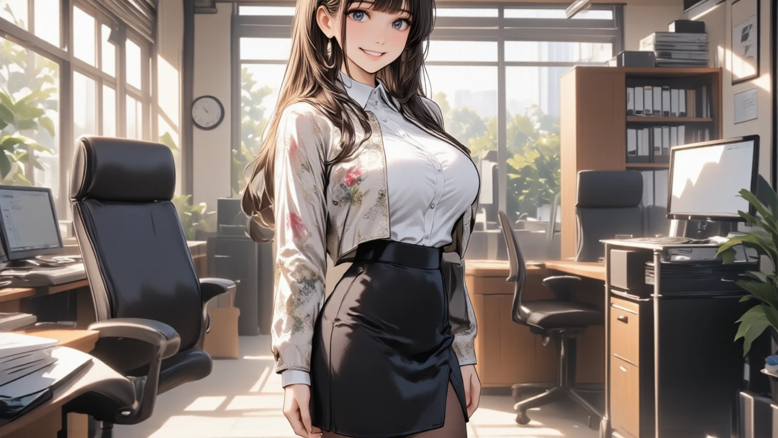 NSFW,masterpiece, best quality, 1 girl, 独奏, teenager, large breasts, light brown eyes, bangs, brond hair, braids hair, office staff suit, jacket, pencil skirt, upper body, standing, office,Best Quality,High resolution,8k,finelity detailed background,Masterpiece:1.2),beautiful girl,Shiny brown hair,asymmetrical hair,Beautiful brown eyes,Gentle look,A refreshing look,smile,Best quality,Best Quality,Aesthetic and aesthetic:1.2,Best details((Super detailed))(High-definition CG illustrations),Slender body,smile,blush,cute,Scrounge,Looking up,Being spoiled,super model,wariza,shoot from,above