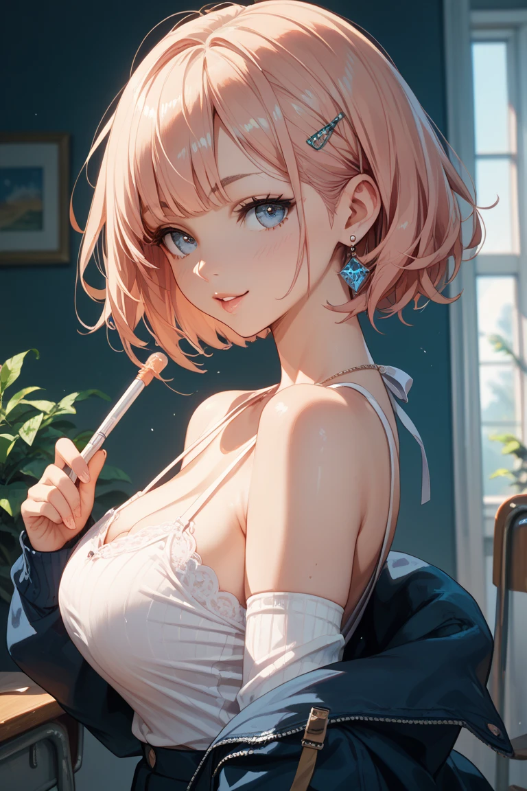 (Masterpiece, BestQuality:1.3), (ultra detailed:1.2), (hyperrealistic:1.3), (RAW photo:1.2), High detail RAW color photo, professional photograph, (Photorealistic:1.4), (realistic:1.4), (Pink Hair:1.5), professional lighting, perfect anatomy, (Big Breasts:1.2), (blush, detailed face), (cheerful Smile:1.5), Trending Hair&Trending Hairカラーをランダムに, earrings, necklace, bracelet, sexly, erotic sexly, Random sexy gravure poses, (White camisole and checked mini skirt、The background is the classroom、Pulling her camisole down a little to show her shoulders、Smiling pose in front of the blackboard。:1.3)