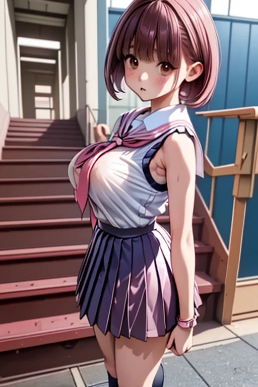 (((masterpiece, Highest quality, High resolution, 超High resolution, Pixel perfect, Written boundary depth, 4K, RTTX10.0))), Beautiful Anime Woman, Beautiful art style, Anime characters, ((Smooth texture, Realistic texture, Anime CG style)), Exact finger count、Exact number of legs、(Exact number of arms:1.0, Exact number of hands:1.0), (Perfect hands, Perfect Anatomy), Cinematic, Realistic, Highly detailed CG, Daytime lighting, Perfect lighting, Best Shadow, The best natural light, whole body, Perfectly balanced style, Perfectly balanced body, Slender body, whole body, ((bangs, Dark brown hair, Stylish and cute bob cut)), ((Cute woman standing、She is showing her panties in her hands:1.3)), (Fashionable white shirt, Sailor collar, Knee-high socks, loafers, Navy pleated mini skirt:1.3), ((Sexy and cute panties, (Stylish shiny satin pink panties:1.2), Small lace panties:1):1.3), (Beautiful and very large breasts:1.2), (Feeling embarrassed, (blush:1.2), (Embarrassed expression:1.5), (In the school classroom:1.5), Angle from the front, holding panties, Panties as a gift