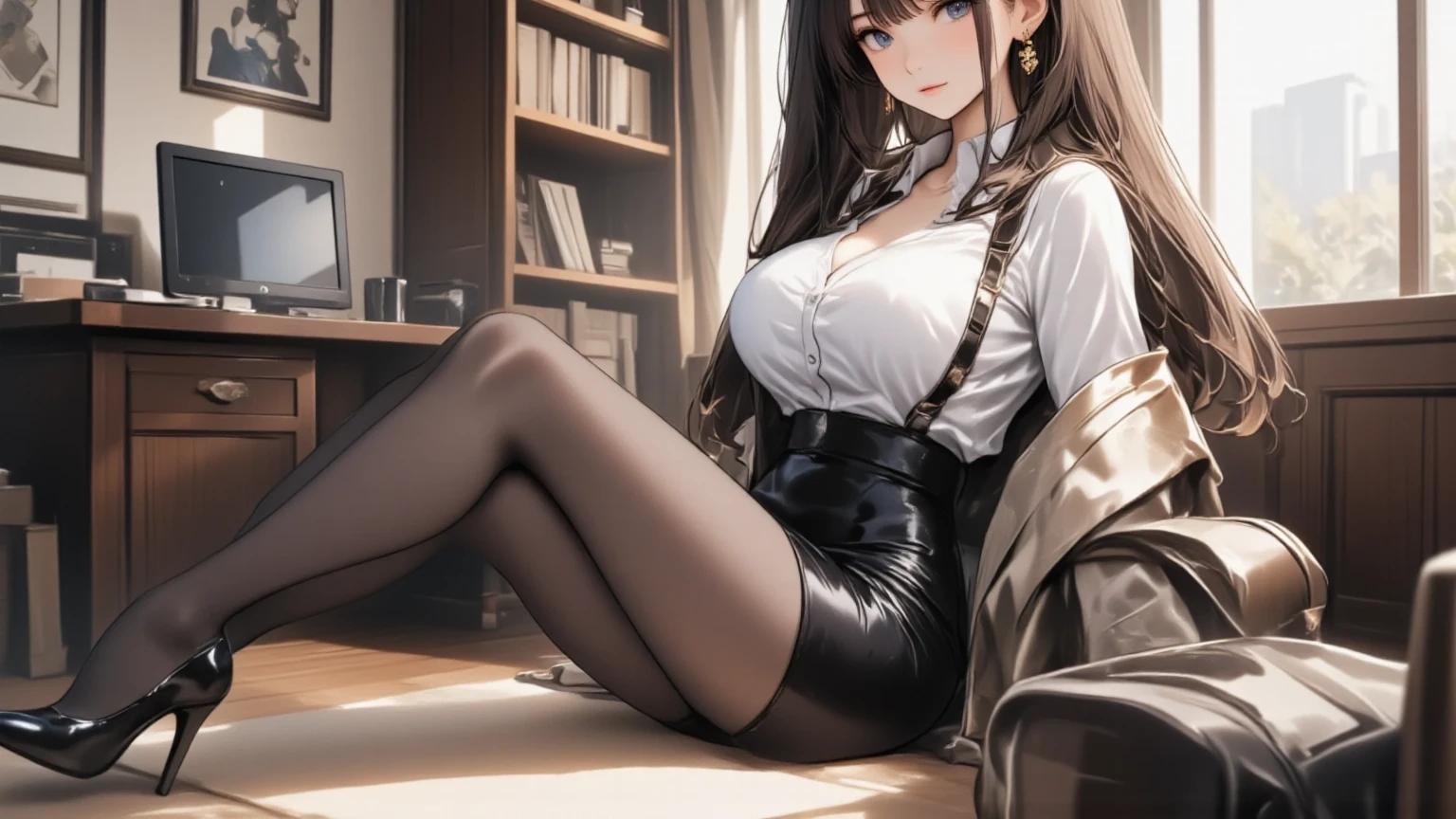 (masterpiece, best quality), 1girl, chiaki, brown hair, long hair, green eyes, huge breasts, white serafuku, black thighhighs, blue skirt, red tie, long sleeves, medium hair, ponytail, shiny,