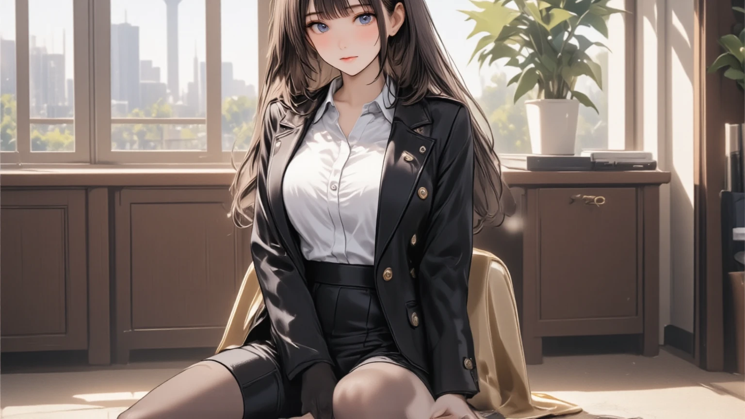(highest quality, 4K, High resolution, masterpiece:1.2), Very detailed, Portraiture, Bright colors, Soft lighting, ((1 female, female teacher, Adult Appeal)), super Cute face, (Light brown hair:1.2, Wavy Hair), Fine eyes and lips, Beautiful Face, Relaxed atmosphere, Golden Highlights, Delicate features, Body Art, Latex Costume, Playful expressions, ((black office dress, White shirt, Black tight skirt, 40 denier stockings:1.5, High heels)), Natural Makeup, Long eyelashes, Shiny Hair, Asymmetrical bangs, Cute face, Beautiful and beautiful eyes, Beautiful clavicle, Beautiful body, Beautiful breasts, Beautiful thighs, Bright smile, A teasing look, Provocative,  Charm, Pure elegance, Charmな魅力, Charm曲線, Artwork, Gentle curve, Look forward, In the school hallway, Captivating thighs, look at me, Center image, Subtle sensuality, Subtle makeup, Soft tone,