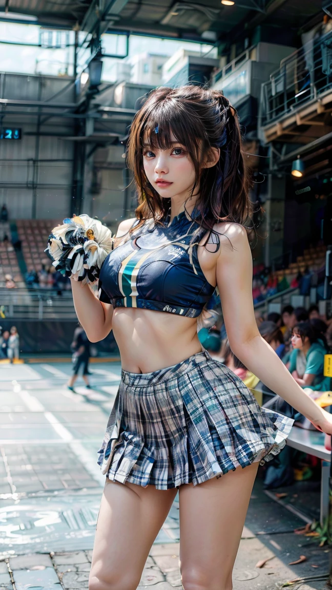 Alafed Asian cheerleader posing dynamically with large pom-poms in both hands in stadium, close-up, cosplay photo, anime cosplay, small breasts, RAW photo, best quality, high resolution, (masterpiece), (photorealistic: 1.4), professional photography, sharp focus, HDR, 8K resolution, intricate detail, depth of field, Highly detailed CG Unity 8k wallpaper, front light, NSFW, women, girl, beautiful supermodel, smiling, slender, marlie rose, sailor suit, sailor moon cosplay