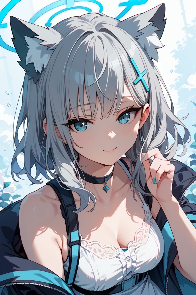 a cartoon girl in sports gear and a hockey helmet poses while looking up, 1girl, breasts, solo, blue eyes, animal ears, goggles, large breasts, fang, open mouth, grey hair, long hair