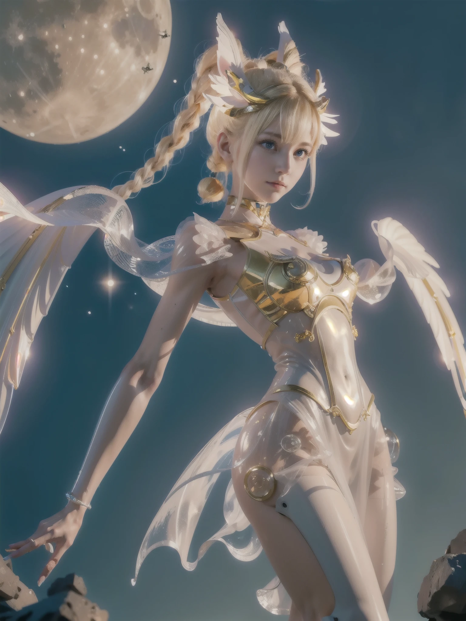 1 mechanical girl: 1.4, Moon Warrior Costume, white Mechanical Arm , Human Body , pink boat dress, (Japanese Girl Age 19 Tall 165 Proportion 9:1 chest32 waist20 hip33 white skin blonde hair) , Moon Warrior Costume, Moon hare, rabbit ears, Mechanical ear, Transparent Latex Shirt, D, Mechanical Arm , Pink Skirt Fabric, on the side, , heart-shaped robot in the background, Sci-fi Backdrop, complex background, shiny hair, light hair forehead, Moon , Panorama, Mechanical wing , On the back there are large wings with a golden pattern.