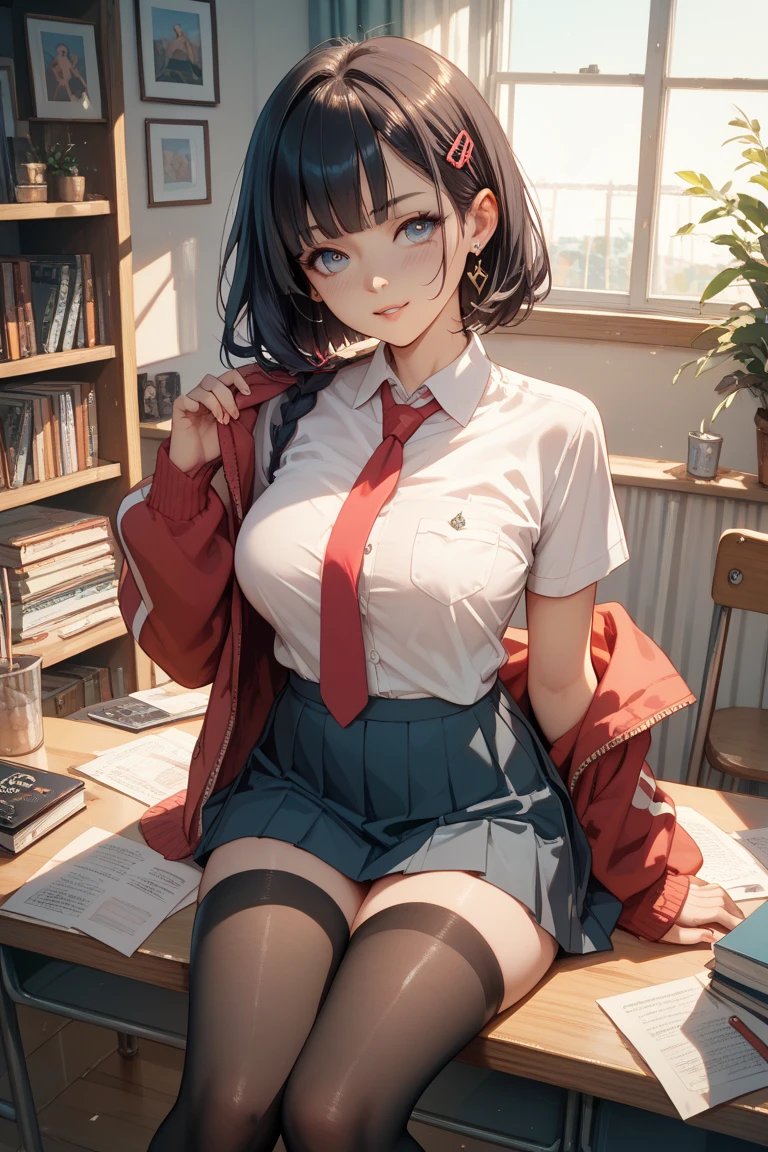 (hight resolution,8K,Best Quality:1.2),Full body like,sit a chair,Cute High School Student,a beauty girl,red blush,Campus beauty, up chest,exotic beauty, Dark blue blazer, Black hair ponytail,Underwear only for the lower half of the body,pink panties,art studio,Anime Pictures,