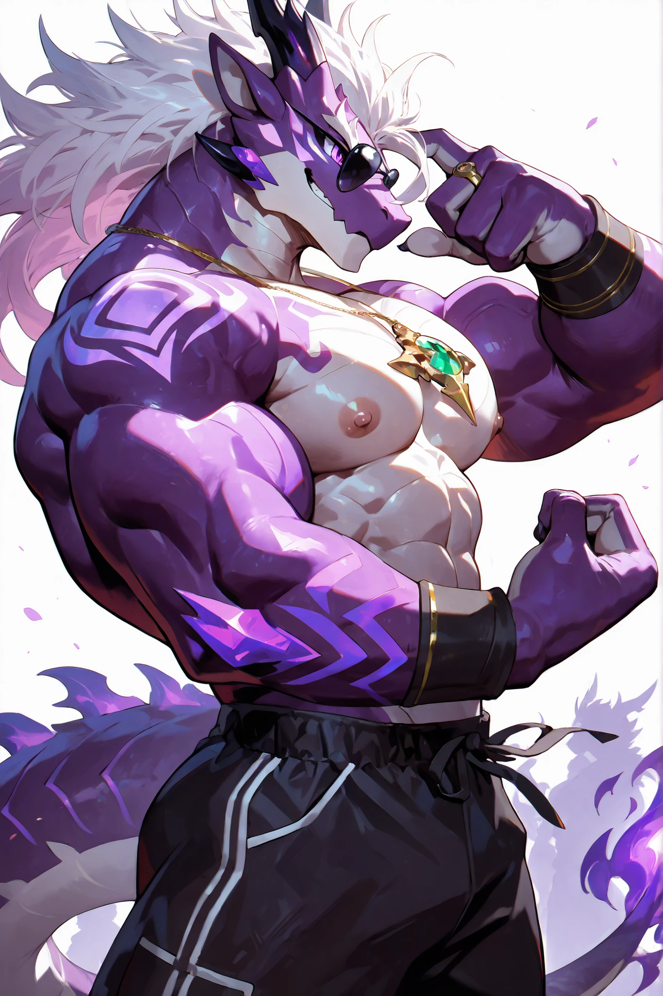 alone, Profile , Dragon Shadow,purple dragon, Sports Character, Purple Detached Sleeve, Black Parachute Pants, Black Round Sunglasses, Chest With Flame Demon Mark, Face Painted Demon Mark, Wallpaper quality, Dynamic Pose, Keep your chest up, (Purple Flake, White Rib, White hair , Sport Figure), playful smile, neon lights, (purple eyes), Light Purple Hair, Simple Background, White Background, (muscular development), Gold ring , Street Style , masterpiece, Emerald Necklace, Chest muscles, Dynamic Pose, Correct anatomy, right hand, Best Quality,handfixer,silhouette, shadow of,looks at the audience,( tilted view),nipple,Abdominal muscles