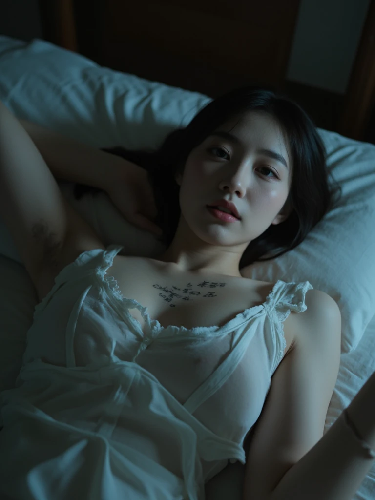 Best Image Quality, Masterpiece, Ultra High Definition, (Fidelity: 1.4), Photo, 1 Woman, Torn Sailor Suit, Movie,Room, Bed, (Ripped Clothes: 1.5), Naked Shoulders, Yawning Face, Sleepy Face, Wet Crotch, Seduction, Seductive Face, Random Hairstyle, Smile, Rough Breath, Lying on Your Back, Lying Up, Raising Your Arms, HyperSmoke, Dark Background, Black Background, wlop, from above,