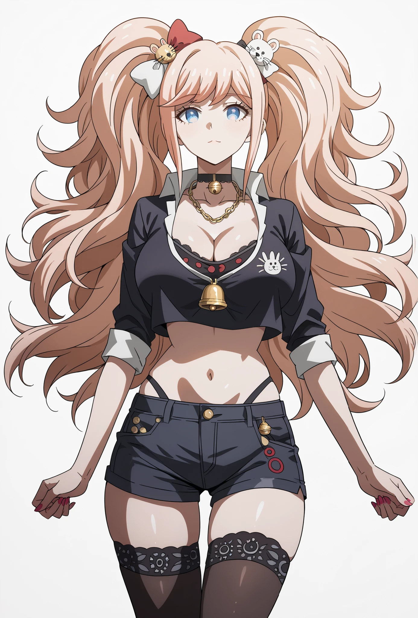 score_9, score_8_up, score_7_up, source_anime, 4K,perfect fingers,(perfect hands, perfect anatomy),prefect lighting, very aesthetic, intricate details,highly detailed background, masterpiece, high quality, best quality,
1girl, junko enoshima, long hair, bangs, blue eyes, pink hair, hair ornament, twintails, bear hair ornament, Large Breast,
wearing ((black crop top, black choker necklace with a gold bell-shaped pendant, black thigh-high stockings, )),
Standing, A sagging breast, ((White plain background:1.5)) , looking at the spectator,