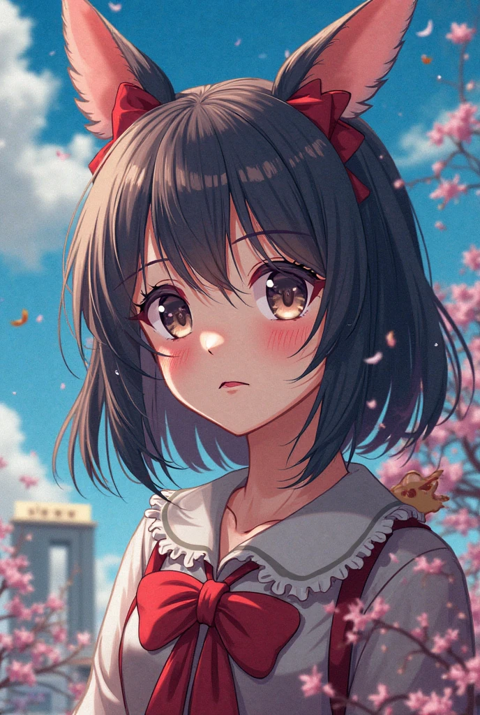 (A logo、masterpiece、8K、masutepiece、Raw photo、Fantastic、Best Quality、Photorealistic、extremely detailed CG unified 8k wallpaper、hightquality、ighly detailed、epic poem、Particle effect、Dynamic effects、depth of fields、Cinematic Light、Lens Flare、Ray tracing)、Fantasia、 (Beauty 1 person、White Japanese Clothing、Japanese dress、White cherry blossom pattern、White cherry blossom embroidery pattern、A dark-haired、Beautiful face、Real Face、Beautiful detail eyes、Beautiful skin)、Hair flutters in the wind、Hair jumps、Pink cherry blossom tree、Petals flutter、Sakura blizzard、Superb view、morning glow、Sun in the background、the wind、Deities、tusk、myth、Vast Land、