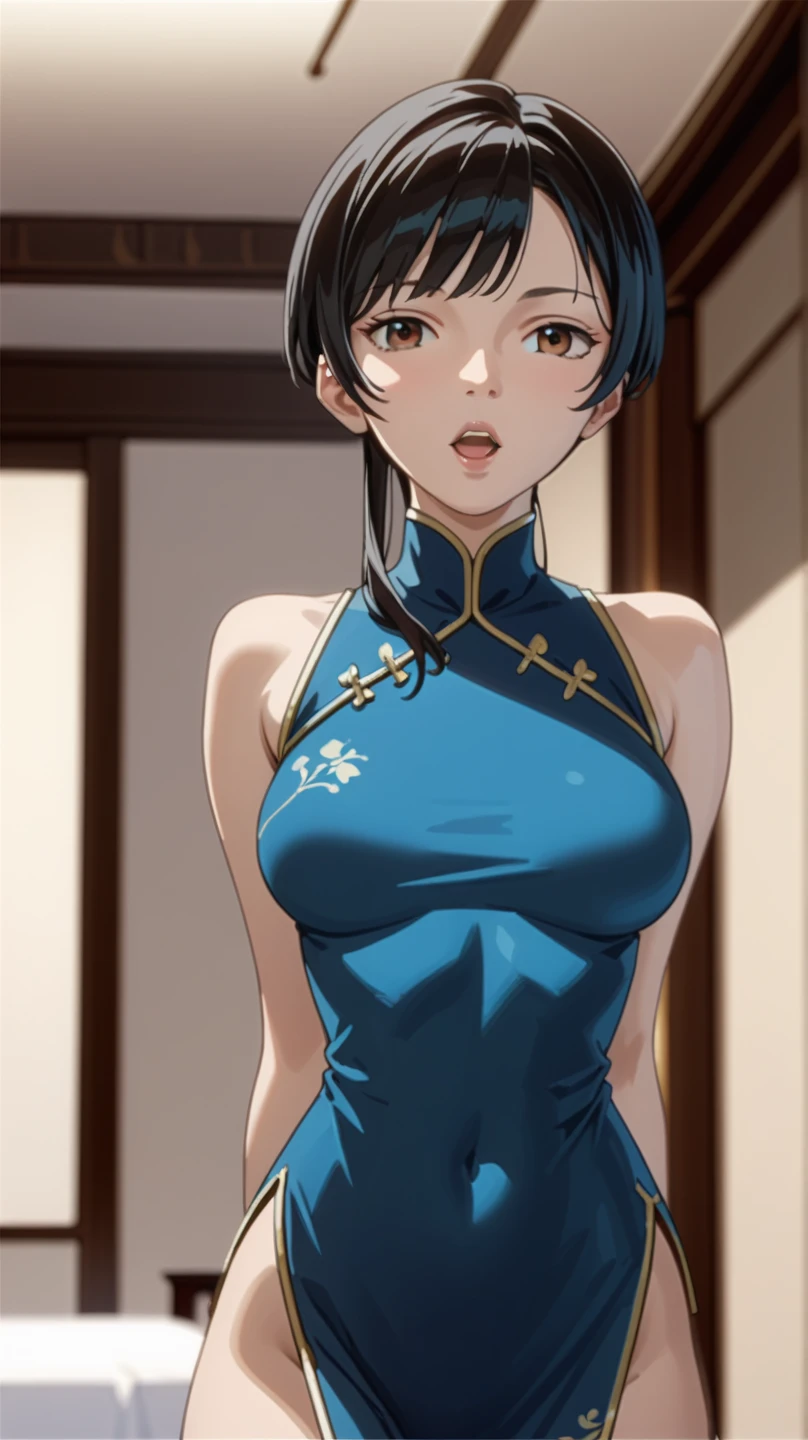 (masterpiece, best quality, 16k, 8k, ultra highres, plain white background, long hair, black hair, blue eyes, ponytail, highres:1.0), haruhiko_ichijou, black jumpsuit, makeup, purple lipstick, purple eyeshadow, beautiful face, hyperdetail face, hyperdetail bodysuit, half zipper open, cleavage, (((large breasts:1.2))), (((solo:1.5))), ((milf, mature female, 35yo)), gorgeous body, (((upper body, half body shot:1.5))), ((hyperdetail eyeshadow, hyperdetail lipstick)), (((looking at the camera, symetrical, sharp focus, intricate detail, elegant, concept art, cinematic))), (direct view:1.4),
