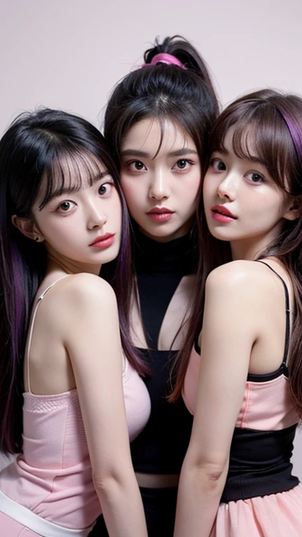 off shoulder, (3 womans) , deep cleavage, wild hair, steel collar, wrapped in dirty rags , black shirt , purple haired , sexy