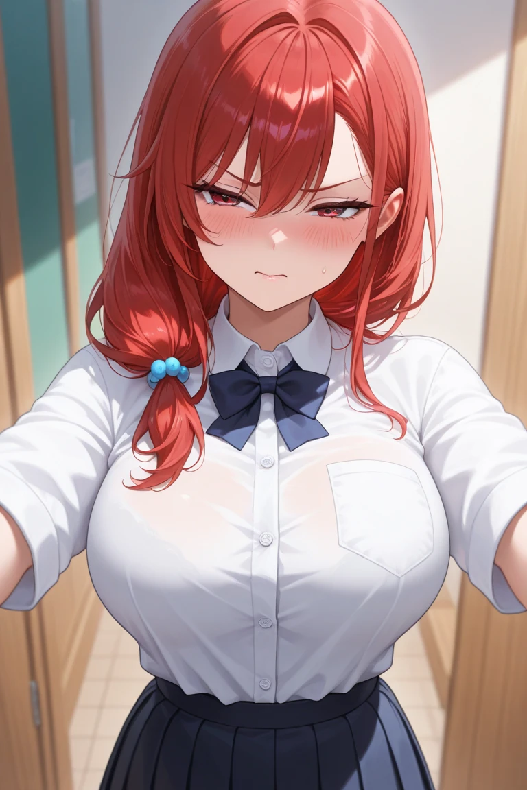 (masterpiece, best quality, detailed),1girl,rias gremory,red hair, ahoge, blue eyes, large breasts, ,sitting at a desk with a laptop and a pen, smooth anime cg art, seductive anime girl,attractive anime girl, detailed digital anime art, high detailed official artwork, makoto shinka, clean detailed anime art,high resolution, (perfect hands, perfect anatomy),
