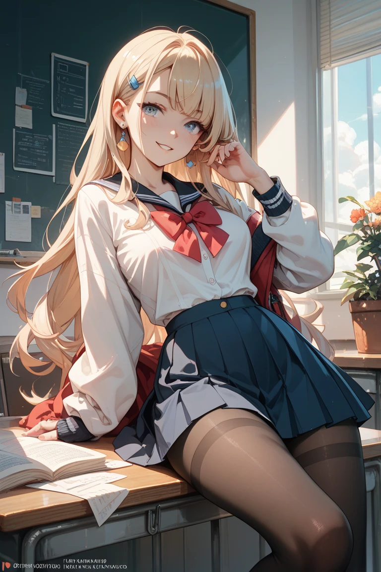glow,masterpiece, beautiful, 4K, best quality, oil painting portrait style, cute face, big breasts, blonde,pointed ears, pantyhose,teacher,barefoot