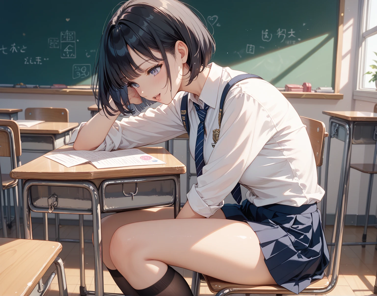 University、campus、Beauty、Upper body、one piece、sit down、During class。short hair、