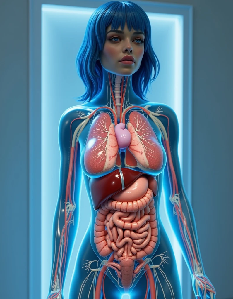 Create a highly detailed image of a full-body pose of a model with transparent, glass-like skin. The model stands elegantly, showcasing her striking form, but instead of normal skin, her entire body is made of clear, glass-like material. Inside, her organs are vividly displayed, each one glowing with vibrant neon colors.

The heart pulses with bright red, the lungs shimmer with electric blue, and the intestines swirl with neon green and yellow. Other organs also exhibit various neon hues, creating a mesmerizing and surreal effect. The scene is set against a dark, contrasting background, which enhances the glow of the neon organs and adds depth to the image. Light and shadow play across the model's body, highlighting the transparency and the colorful interior, creating an otherworldly and captivating visual. The overall image should be a stunning blend of beauty, detail, and surrealism