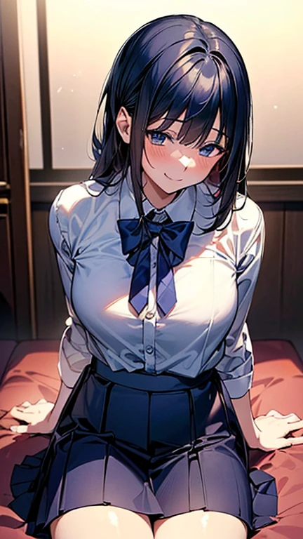 A female high school student seduces a male teacher、classroom、White shirt、ribbon、Open your cleavage with your hands to show it off、smile