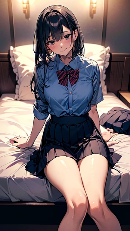 (Highest quality、Masterpiece、、Highest quality、Hyperrealism、Ultra HD)、(White polyester collared blouse:1.2)、(Navy Pleated Skirt:1.4)、( Red bow tie on chest:1.1)、Perfect Style、Perfect body line、Large Breasts、Slender body、Perfect beautiful anime style、Smooth anime CG art、(The simplest pure white background:1.1)、Sitting、Thighs、(Open your crotch to see your panties:1.1)、(Panties shot from below:1.1)、Embarrassed expression、blush、smile