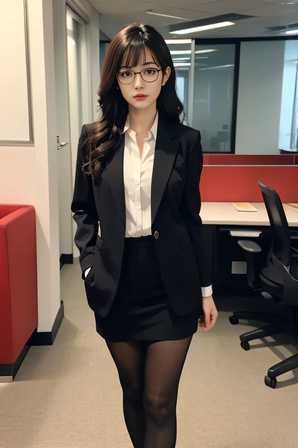 Japanese Woman Standing、Staring at the camera、The whole body、from the front、black suit、white shirt、stockings、 red glasses、Long Black Wavy Hair、serious expression、indoor、Wide々A relaxed office、indoor照明。