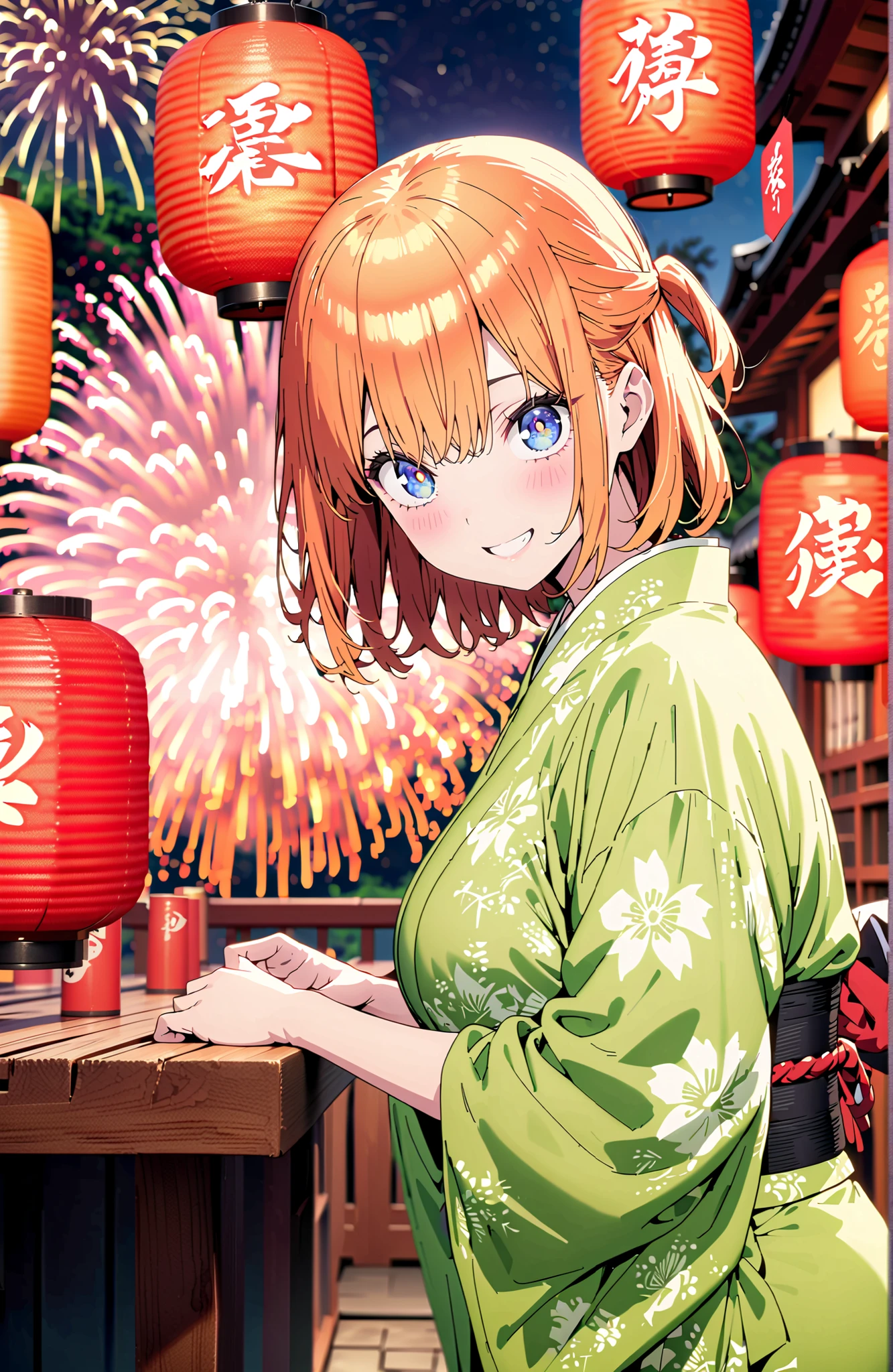 中野四葉, short hair, bungs, blue eyes, o, orange hair that gets down to the knee, Eyebrows hidden by hair, half up do, Big Breasts,Green floral kimono, fireworks,turns around,smile,cover,grinning,standing,night,Red Lantern,full bodyがillustrationsに入るように,break outdoors, Japanese Festival,
break looking at viewer,full body,
break (masterpiece:1.2), Best Quality, high resolution, Unity 8k 壁紙, (illustrations:0.8), (beautiful detailed eyes:1.6), very detailed face, perfect lighting on the table, extremely detailed CG, full body写真,(perfect hand, Perfect Anatomy),
