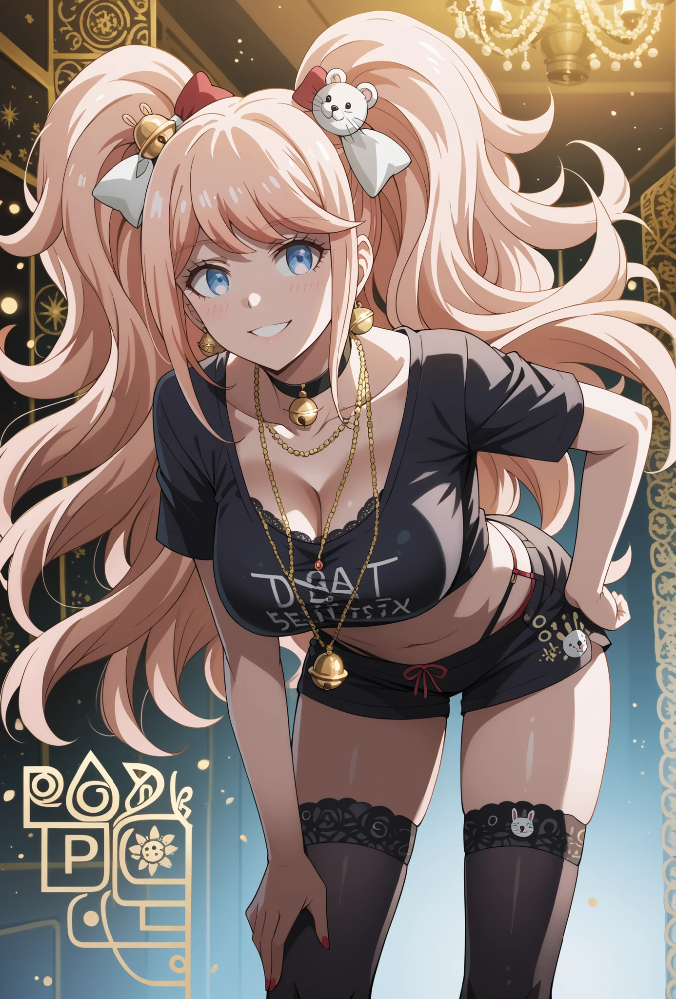 score_9, score_8_up, score_7_up, source_anime, 4K,perfect fingers,(perfect hands, perfect anatomy),prefect lighting, very aesthetic, intricate details,highly detailed background, masterpiece, high quality, best quality,
1girl, junko enoshima, long hair, bangs, blue eyes, pink hair, hair ornament, twintails, bear hair ornament, Large Breast,
wearing ((black crop top, black choker necklace with a gold bell-shaped pendant, black thigh-high stockings, )),
A sagging breast, smile, seated , ((leaning forward:1.3)),