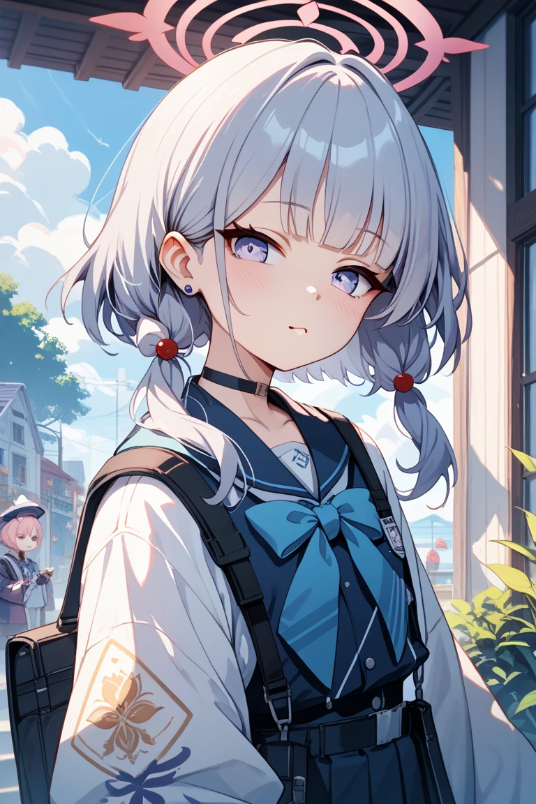 Short white hair, blush, Navy and white checked outfit、Braiding、Excellent