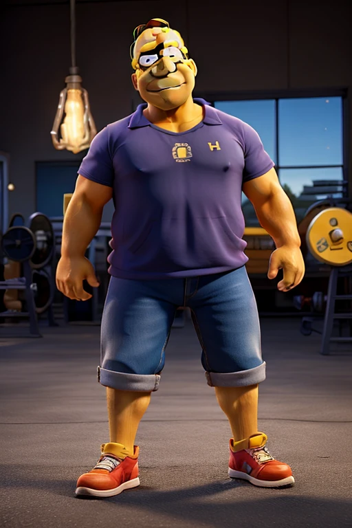 Estilo Pixar: olhos castanhos, homem de 30 anos, Cabelos castanhos,Muscular and athletic body,cabelos cortados em gradiente,with medium brown beard with gradient,com brincos de diamante,Tattoo on left forearm and anchor tattoo on left calf and training in the gym.