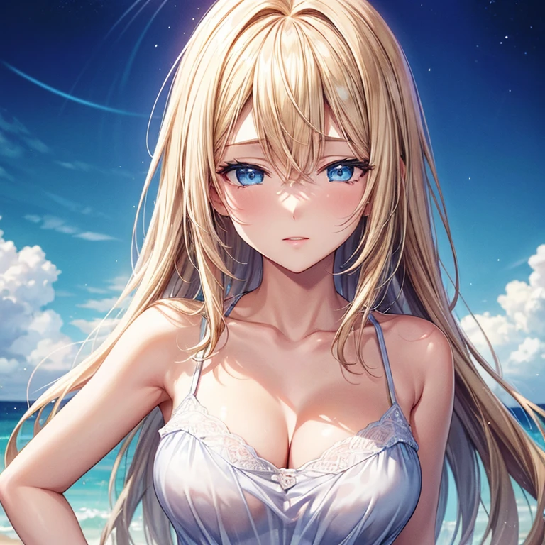 realisitic、top-quality、1 girl、25-years old、Light colored hair、piercings、Shy face、Fancy Bikini、beautiful exypose、s ass、night sandy beach、Particles of light、profetional lighting、blue open sky