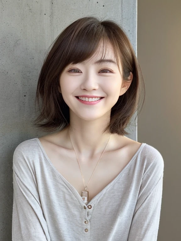 (highest quality, 8k, 32k, masterpiece, Ultra-high resolution:1.2),Beautiful Japanese Women Photos, Large Breasts, Very short bob hair,whole body,White sweater, necklace, Simple Background, From above, View your audience,smile、(Hungary、Budapest:1.4)、(old Town:1.2)、(In front of the fountain in the park:1.2)、(Illuminated by the morning sun:1.4)