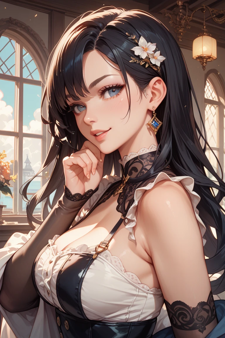 absurderes, ultra-detailliert,bright colour,(in 8K:1.3),masuter piece,extremely beautiful detailed face and eye, 25 years old,(Smooth straight black hair), (Shiny long hair),(Pattsun bangs), (Deep blue eyes) Delicate beautiful face, red blush, (wearing vintage brown dress with a belt on), Nice Spot, vintage background (old styles)