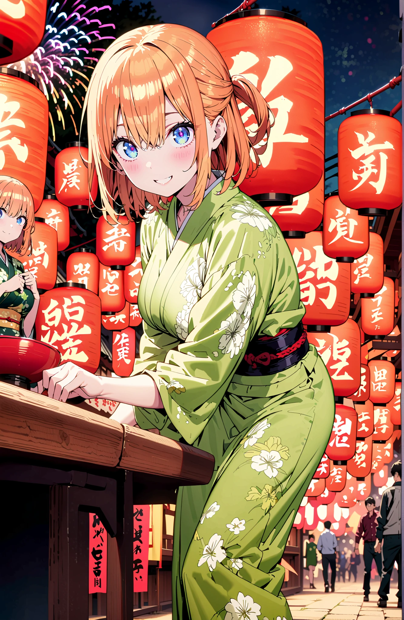 中野四葉, short hair, bungs, blue eyes, o, orange hair that gets down to the knee, Eyebrows hidden by hair, half up do, Big Breasts,Green floral kimono,Light up fireworks,turns around,smile,cover,grinning,standing,night,Red Lantern,full bodyがillustrationsに入るように,break outdoors, Japanese Festival,
break looking at viewer,full body,
break (masterpiece:1.2), Best Quality, high resolution, Unity 8k 壁紙, (illustrations:0.8), (beautiful detailed eyes:1.6), very detailed face, perfect lighting on the table, extremely detailed CG, full body写真,(perfect hand, Perfect Anatomy),