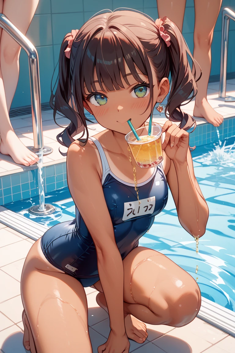 Highest quality,Highest Resolution,Sailor leotard(((2People and above)))A beautiful girl with a crying face,High leg,(((Tback))),Very beautiful eyes,Competition Pool,(((Holding a drink in your hand))),(((Open your mouth))),(((Dripping saliva))),sunny,blue sky,sweat profusely,Red tie,whole body,Black short bob,