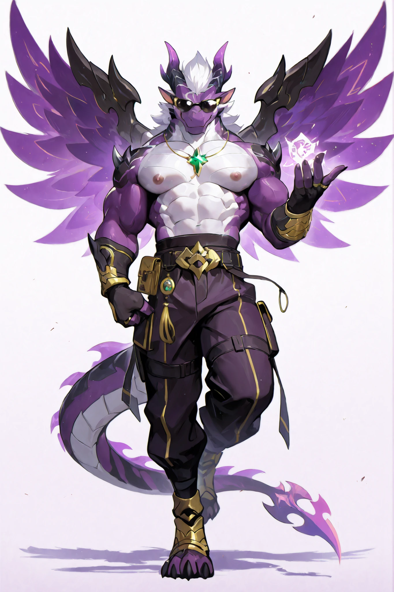 alone, Profile , Dragon Shadow,purple dragon, Sports Character, Purple Detached Sleeve, Black Parachute Pants, Black Round Sunglasses, Chest With Flame Demon Mark, Face Painted Demon Mark, Wallpaper quality, Dynamic Pose, Keep your chest up, (Purple Flake, White Rib, White hair , Sport Figure), playful smile, neon lights, (purple eyes), Wings ,Light Purple Hair, simple background, White Background, (muscular development), Gold ring , Street Style , masterpiece, Emerald Necklace, Chest muscles, Dynamic Pose, Correct anatomy, right hand, Best Quality,handfixer,silhouette, shadow of,looking into the camera,looking down camera,nipple,Abdominal muscles,Single