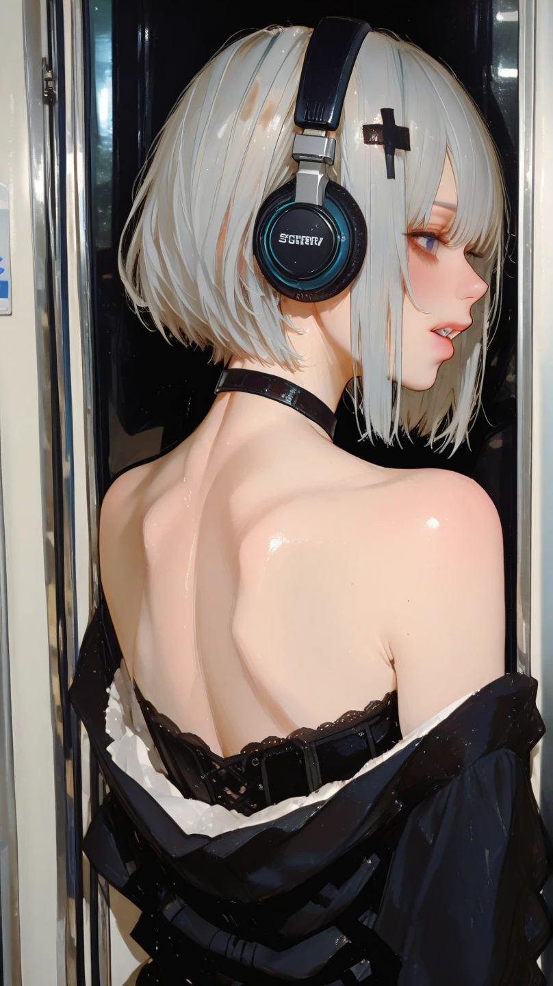 a cute young woman listening to music with her eyes closed and wearing headphones in the style of Ilya Kuvshinov and Range Murata, white bob cut hair, freckles, blue filter, blue and white, vivid colors, soft lighting, cinematic, moody, nier automata, oil on canvas by Krenz Cushart, 8k