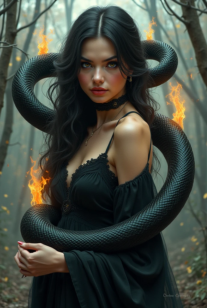 Gentle but mysterious woman with a black mamba snake and 4 flaming aces