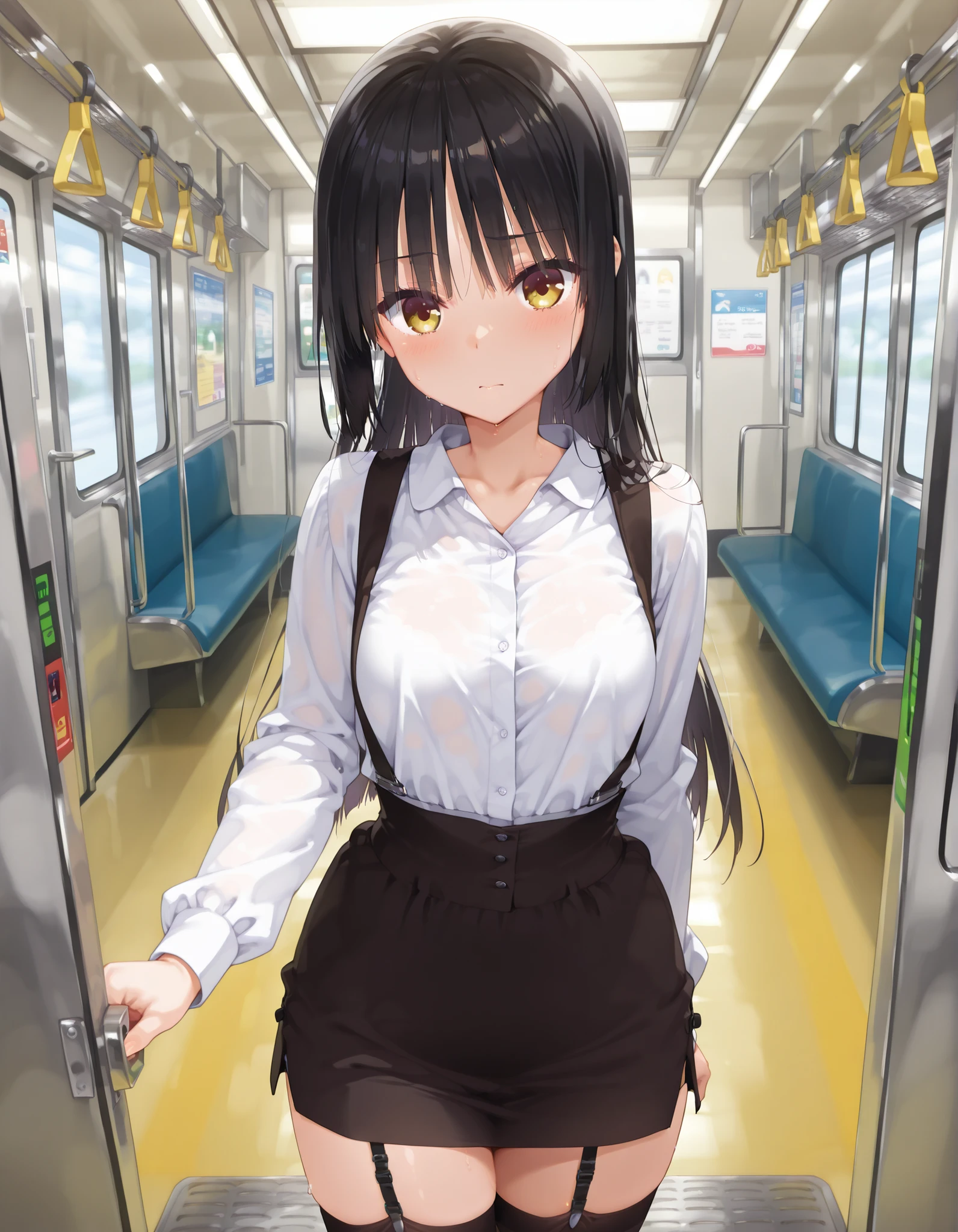 score_9, score_8_up, score_7_up, masterpiece,Best Quality,newest,
shiki natsume , Cafe Stella and Reaper's Butterflies , Muririn , straight hair、no ribbon、long hair、
black hair , bungs , blunt end , , and the eyes are ,
standing , (is embarrassing、cover:1.3)、
(Japan、inside a train、Lots of men in suits) ,
white dress shirt , suspenders , black skirt , high waisted micro mini skirt 、
garter belt、
blurry background、