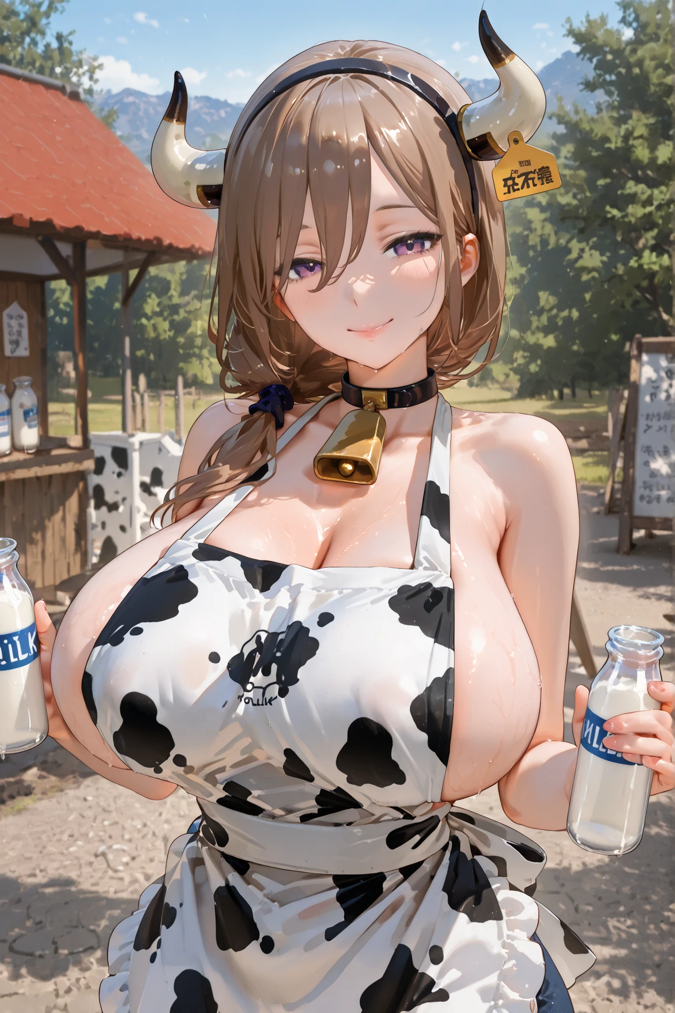 Anime illustration、highest quality、A short and plump woman、Cowbell collar、Holstein daughter、Holding a milk bottle、Cow print tube top、hot pants、Cow print knee socks、Perfect proportions、vast ranch、Pasture、Clear skies、overwhelmingly big breasts、Beautiful, shining eyes、Cowboy Shot、smile、Excessive sweating、Noise Reduction、Accurate Fingers