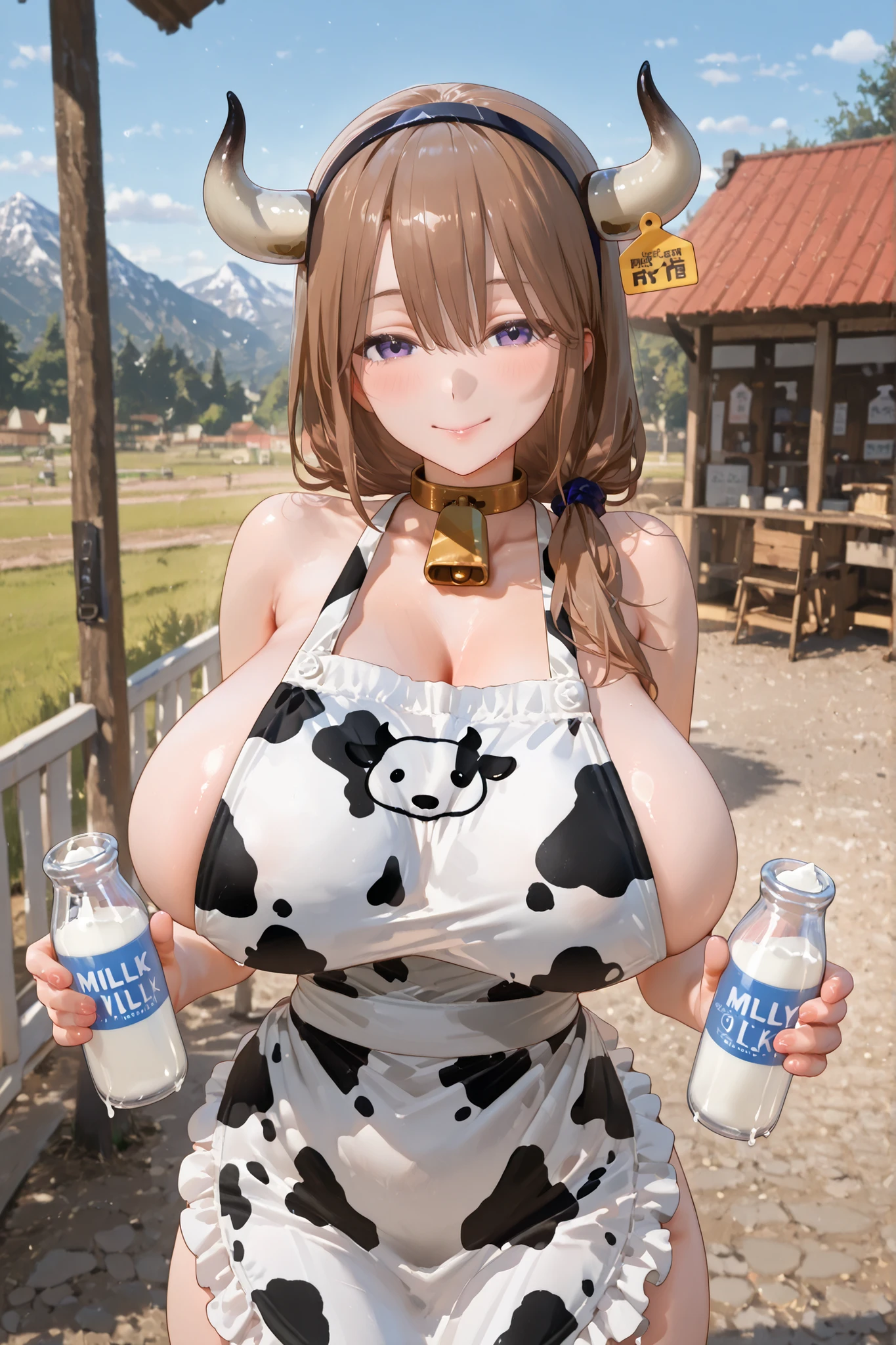 1 mature woman、cow print apron、open chest、Cow Horn Headband、big breasts、valley、beautiful eyes、Milk bottle、stall、Outdoors、smiles