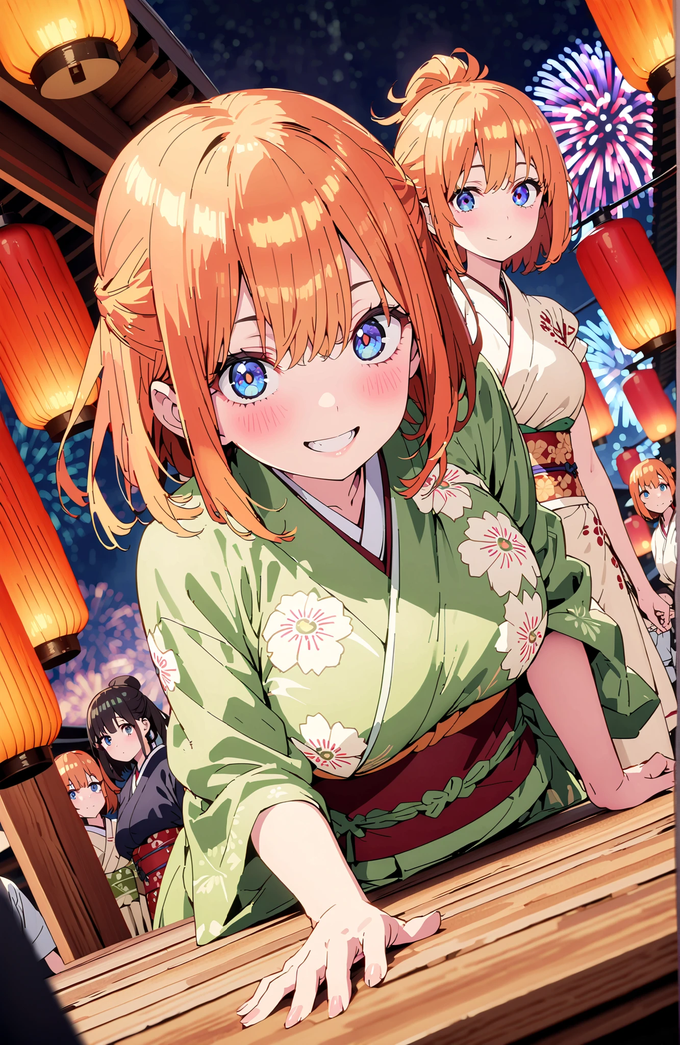 中野四葉, short hair, bungs, blue eyes, o, orange hair that gets down to the knee, Eyebrows hidden by hair, half up do, Big Breasts,Green floral kimono,Light up fireworks,turns around,smile,cover,grinning,standing,night,Red Lantern,full bodyがillustrationsに入るように,break outdoors, Japanese Festival,
break looking at viewer,full body,
break (masterpiece:1.2), Best Quality, high resolution, Unity 8k 壁紙, (illustrations:0.8), (beautiful detailed eyes:1.6), very detailed face, perfect lighting on the table, extremely detailed CG, full body写真,(perfect hand, Perfect Anatomy),