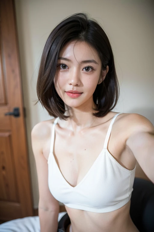 (masutepiece:1.3), (8K, Photorealistic, Raw photo, Best Quality: 1.4), Face Close-up、portraitures、Japanese, 1girl in, Japan gravure models, Beautiful face, (Realistic face), (Black hair, Short hair:1.3), Beautiful hairstyle, Realistic eyes, Beautiful detailed eyes, (Realistic skin), Beautiful skin, Attractive, 超A high resolution, A hyper-realistic, Highly detailed, Golden ratio, detaled face,Looking at Viewer,Smile,cleavage of the breast、Open white bathrobe,Big breasts,at hotel's room、