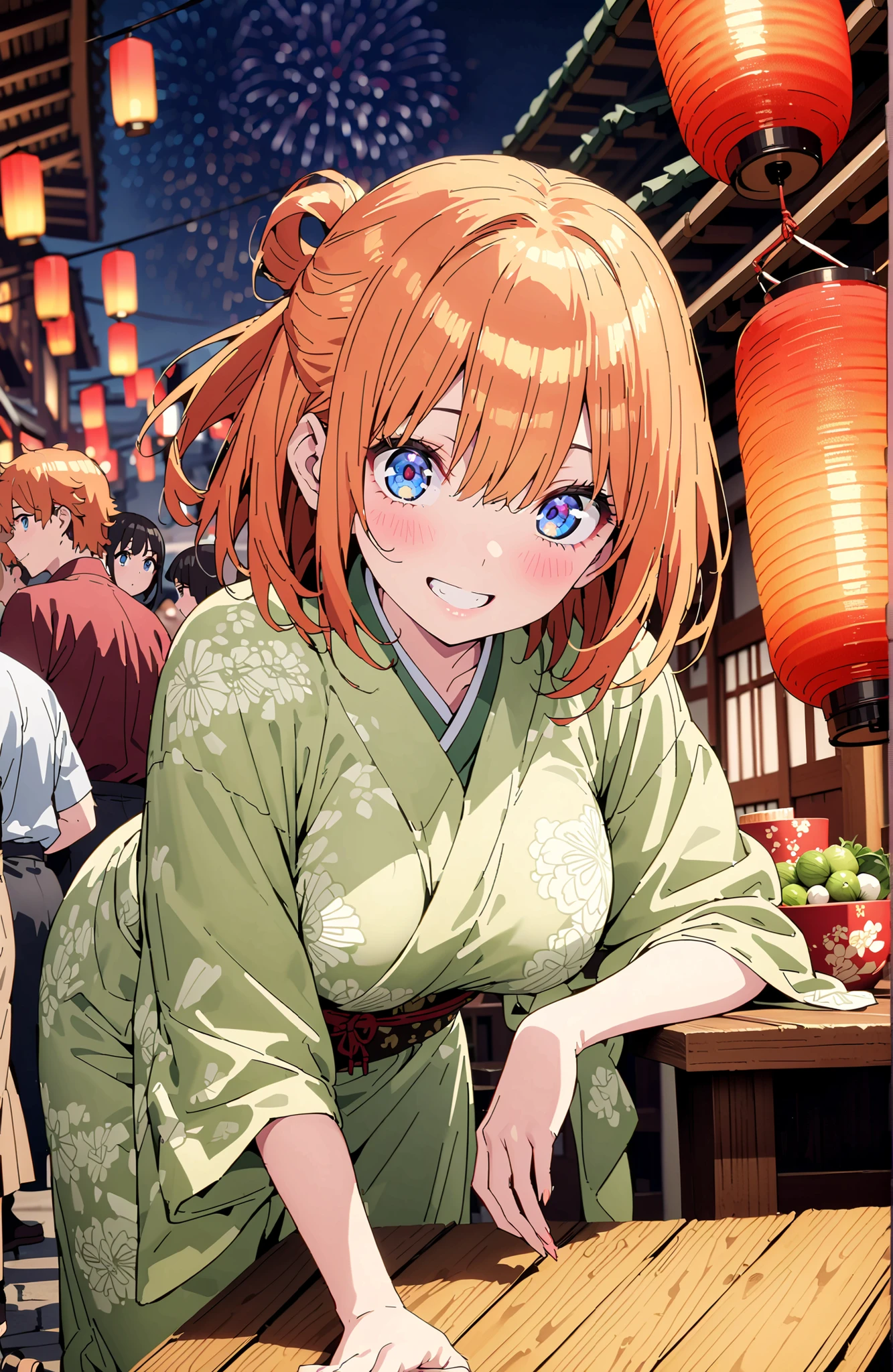 中野四葉, short hair, bungs, blue eyes, o, orange hair that gets down to the knee, Eyebrows hidden by hair, half up do, Big Breasts,Green floral kimono,Light up fireworks,turns around,smile,cover,grinning,standing,night,Red Lantern,full bodyがillustrationsに入るように,break outdoors, Japanese Festival,
break looking at viewer,full body,
break (masterpiece:1.2), Best Quality, high resolution, Unity 8k 壁紙, (illustrations:0.8), (beautiful detailed eyes:1.6), very detailed face, perfect lighting on the table, extremely detailed CG, full body写真,(perfect hand, Perfect Anatomy),